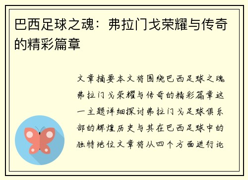 巴西足球之魂：弗拉门戈荣耀与传奇的精彩篇章